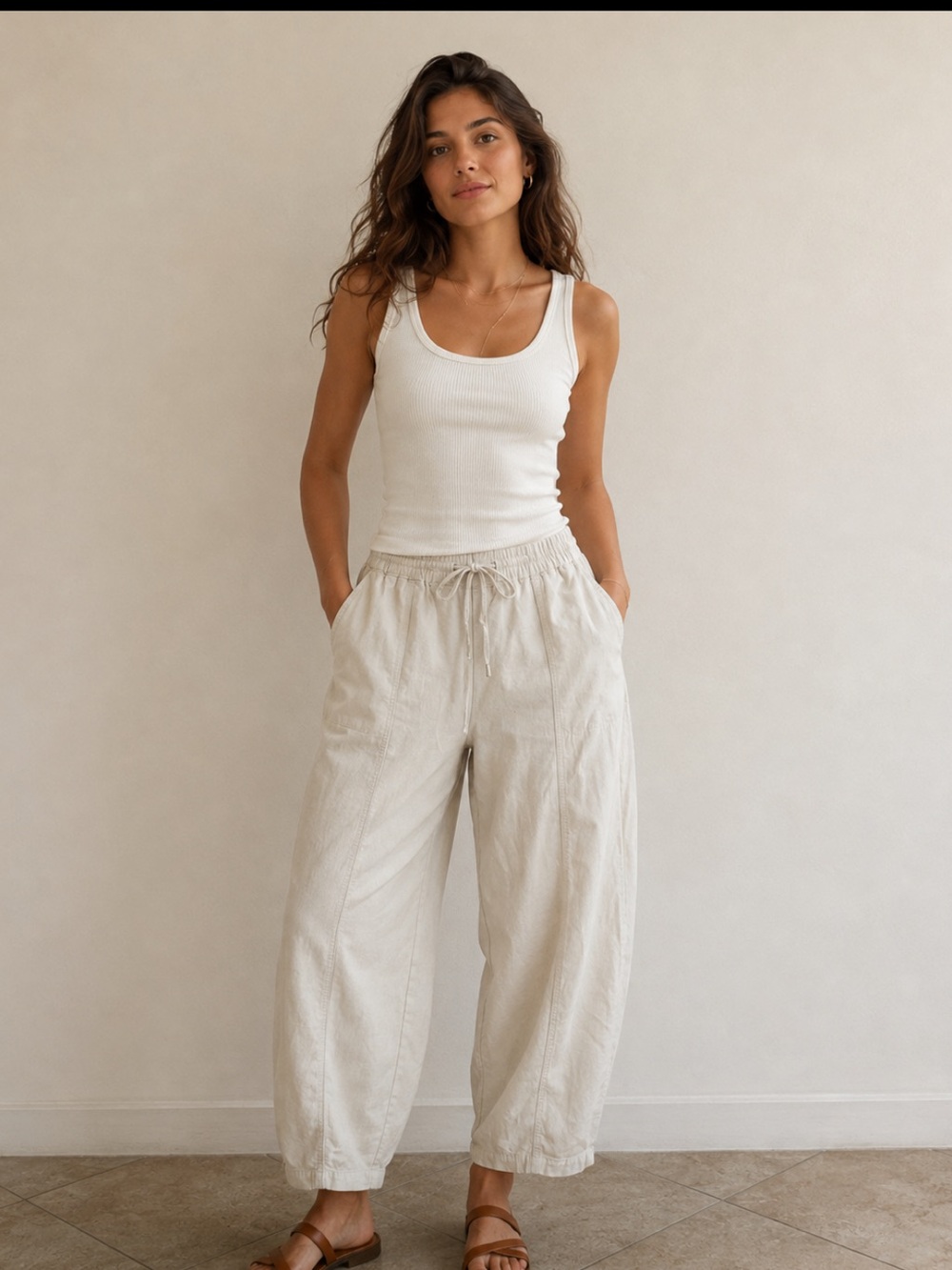 Zara Cream Wide-Leg/Barrel Drawstring Linen-Blend Pants SIZE M